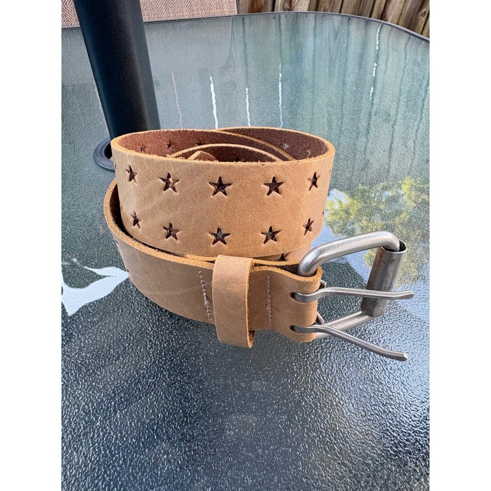 VTG Hip Wear Tan Genuine Leather Star Cutout Double Prong Belt XL Made in Canada